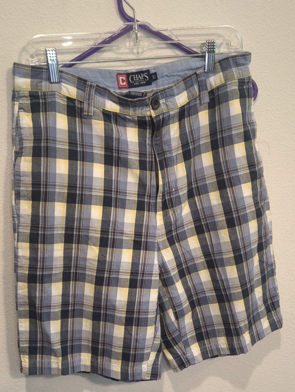 Chaps Blue, Yellow, White Madras Plaid Cotton Shorts 32w